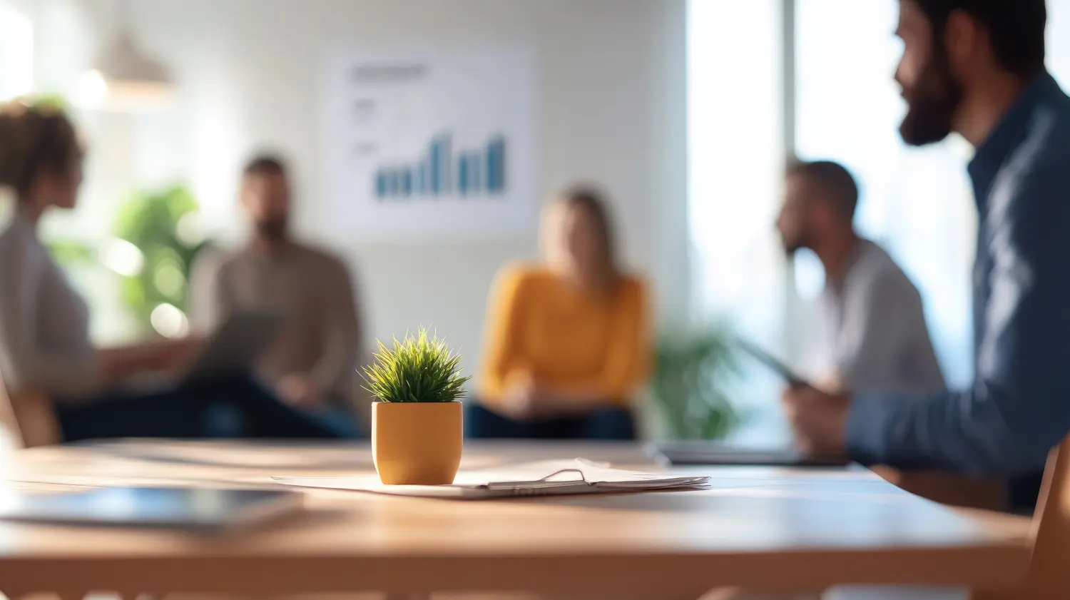 Gemeinsames Geschäftstreffen, modernes Büro, fokussierte Diskussion, helle Umgebung, Draufsicht, Teamwork und Produktivität